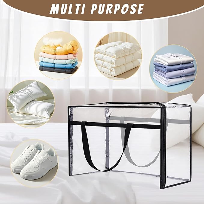 60L Clear Storage Bags Plastic Blanket Storage Bag Foldable Moving Organizers Containers with Zipper for Bedding Blanket Clothes Under Bed Holder - 2 Pcs