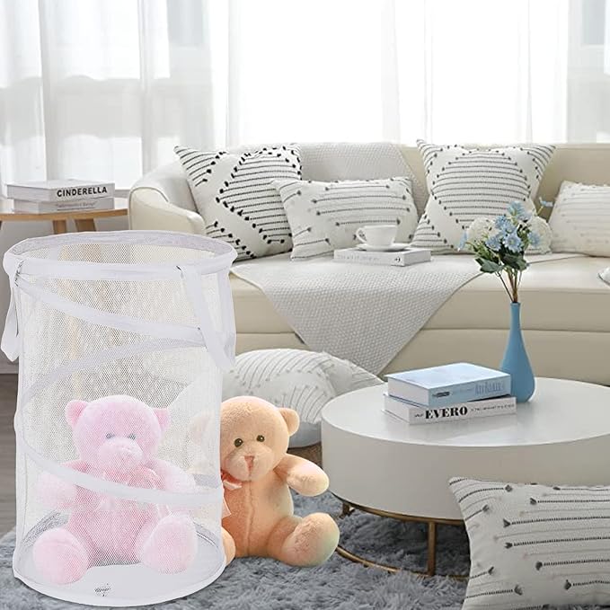 BATTOO Large Collapsible Laundry Basket Foldable Mesh Pop Up Hamper with Handles for Laundry Room, Bathroom, Kids Room, College Dorm, Travel, Storage Organizer White