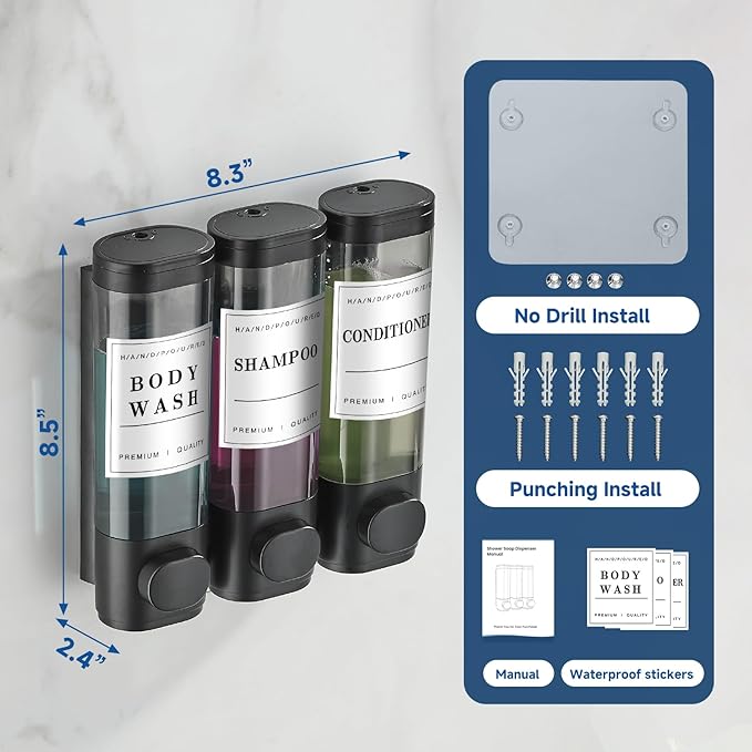 Shower Soap Dispenser Wall Mounted No Drill Shampoo Dispenser for Shower Wall Shampoo and Conditioner Dispenser Bathroom Hotel 3 * 300ml Black with Waterproof Labels