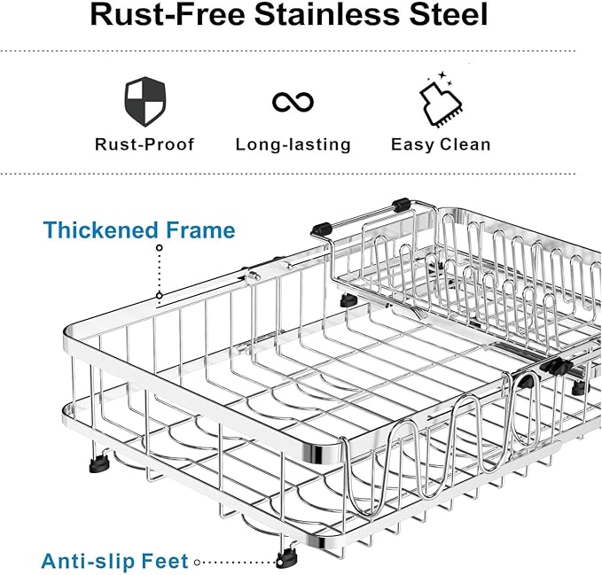 GSlife Large Capacity Expandable Dish Drying Rack with Absorbent Mat, 2-Piece Stainless Steel Dish Drainer Set for Counter with Removable Over Sink Rack, Family Size 16.5"-21.5" L x 15" W, Silver