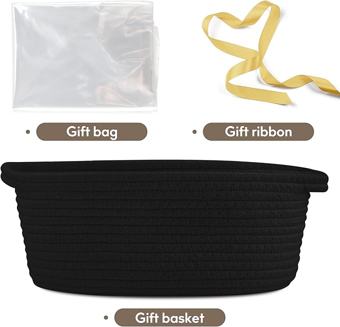 Pro Goleem Small Woven Basket with Gift Bags and Ribbons Durable Baskets for Gifts Empty Small Rope Basket for Storage 12"X 8" X 5" Baby Toy Basket with Handles, Black