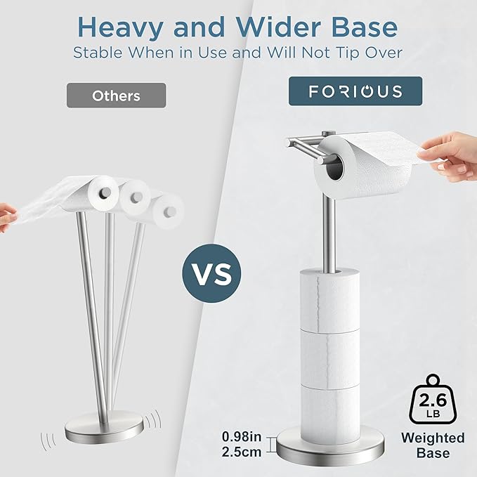 Toilet Paper Holder Stand Adjustable, Freestanding Tissue Roll Holder for Bathroom, Pivoting Design, Durable SUS 304 Stainless Steel and Weighted Base Toilet Paper Stand, Storage, Brushed Nickel