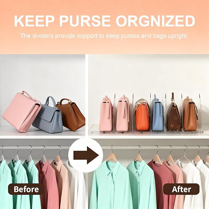 ANTOWIN 2 Pack Purse Organizers for Closet, Clear Adjustable Shelf Divider, Handbag Separators Storage Organizer, Shelf Divider in Bedroom, Office, Easy to Install and Clean