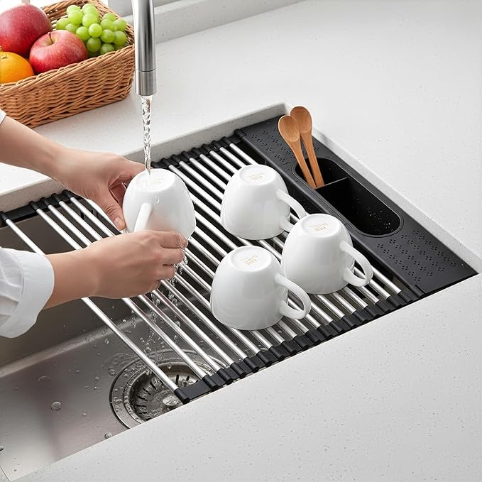 Roll Up Dish Drying Rack Over Sink, 17.5" x 15.2" Foldable SUS304 Stainless Steel Kitchen Dish Drainer, Heat-Resistant Multipurpose Rolling Sink Rack Organizer,Black