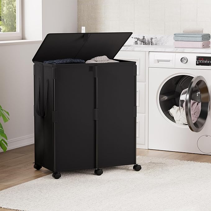 Chrislley 160L Large Double Laundry Hamper with Lid and 6 Wheels, Rolling Laundry Basket with 2 Removable Bags, Heavy Duty Metal Frame Laundry Cart, Dirty Clothes Hamper for Bathroom, Bedroom (Black)