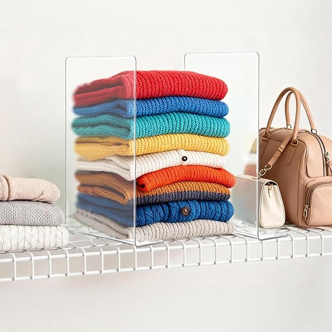 16 Pcs Shelf Dividers for Closet Organization, 10" Tall x 12" Deep Acrylic Shelf Clothes Separators Clear Closet Shelf Dividers Adjustable Sturdy Separate for Clothes Purse Book Hat and Handbag