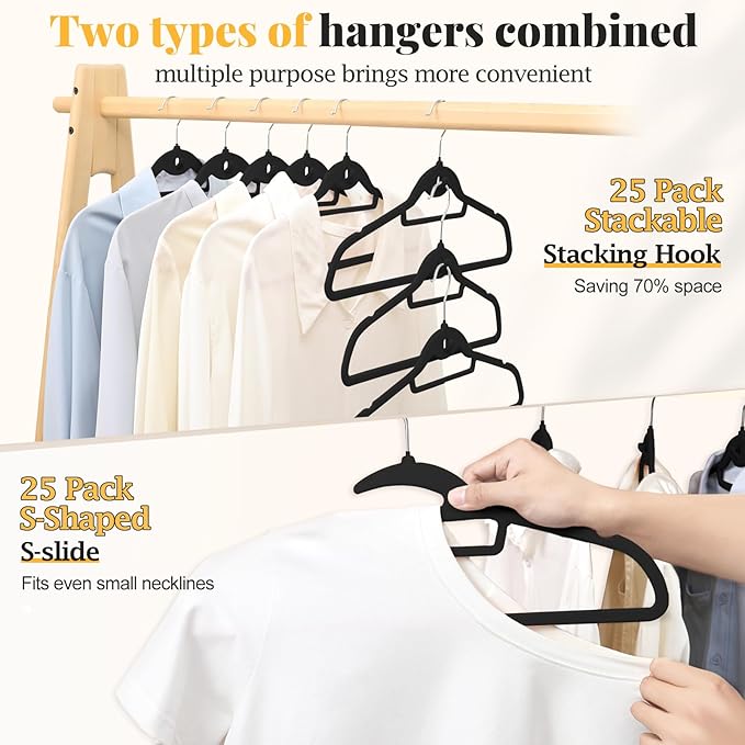 Black Velvet Hangers 50 Pack, S-Shaped and Stackable Non Slip Felt Hanger with 360°Swivel Hook, Ultra Thin and Space Saving Flocked Hangers for Suits, Shirts, Coats, 15Lbs Capacity Heavy Duty