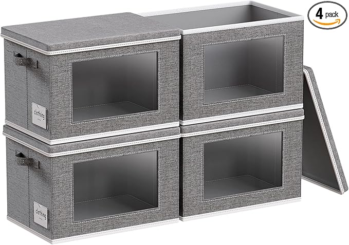 4-Pack Storage Bins with Lids, Fabric Collapsible Closet Storage Bins with Clear Window Large Storage Boxes with Handles Closet Organizers for Shelves, Wardrobe, Grey, 17"X11.8"×11.8"