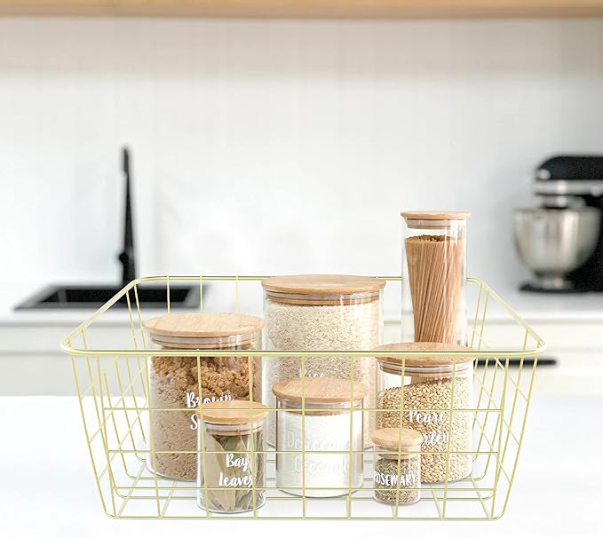 Gold Wire Baskets for Organizing, Metal Storage Baskets with Handles, Sturdiness Small Wire Storage Basket Organizer Bins for Pantry Kitchen Bathroom, 4 Pack
