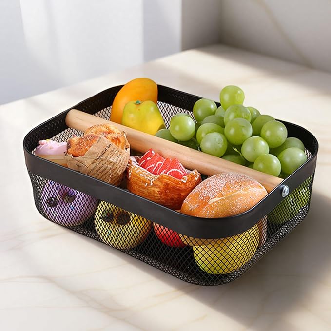 Metal Mesh Steel Storage Basket, Garden Harvest Wire Organizer Basket Multi-functional Kitchen Fruit Basket with Wooden Removable Partition & Handle for Bathroom Picnic Decor Cabinet, Black