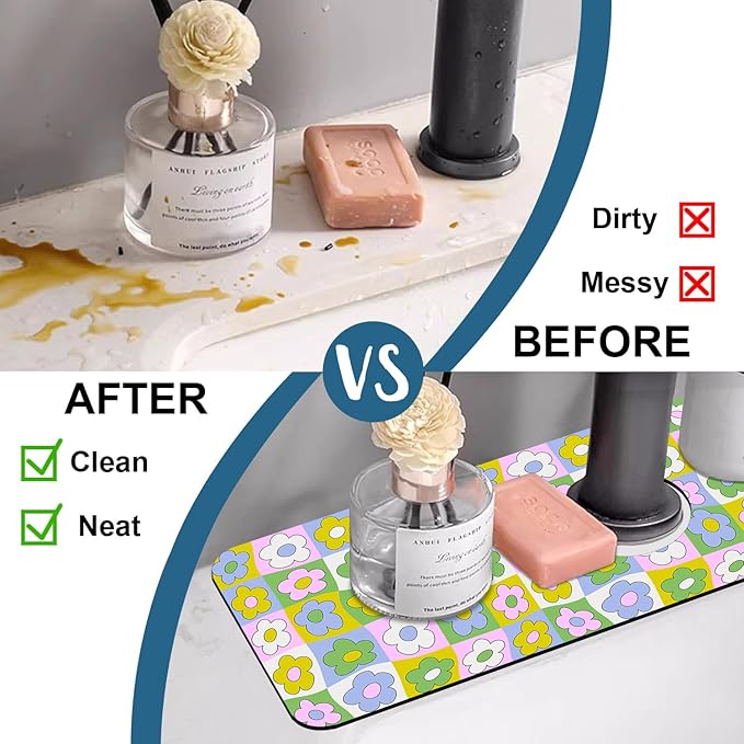 Cute Flowers Kitchen Sink Splash Guard Faucet Mat Retro Floral Super Absorbent Fast Drying Mat Sink Splash Guard Behind Faucet for Kitchen Bathroom, 15.5"x5.5"