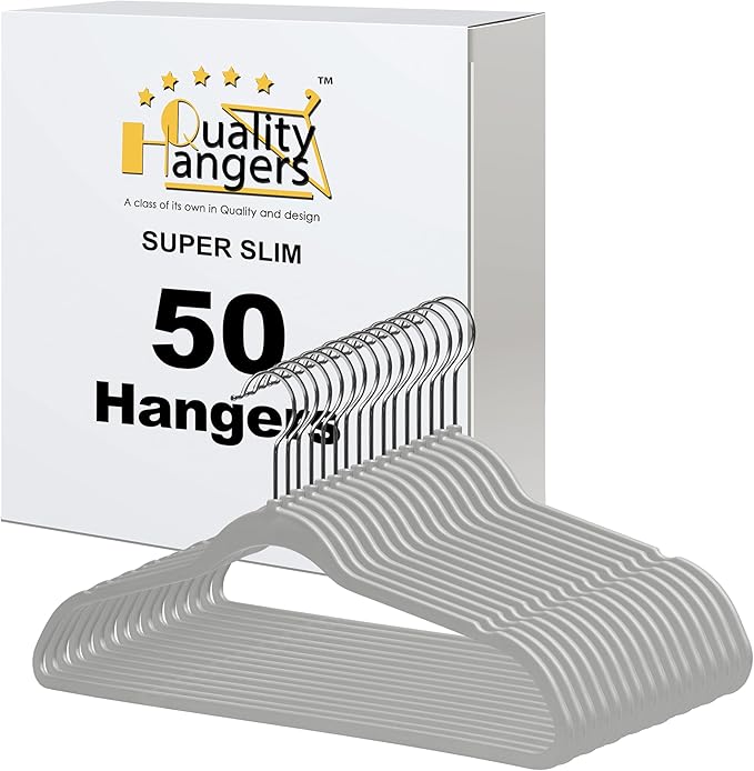 Quality Hangers 50 Pack Slim Plastic Hangers for Clothes - 16.5" Won't Crease Your Clothes, Heavy Duty Non-Velvet Gray Hangers 360° Swivel Chrome Hook Non Slip Notches Dresses Coats Shirts Jackets