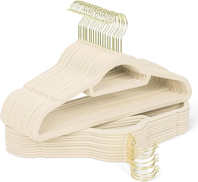 Premium Velvet Hangers 30 Pack with Gold Hooks, Non-Slip, Space Saving Felt Clothes Hangers, Sturdy Slim Flocked Hanger for Dresses, Coats, Tie and Pants(Beige)
