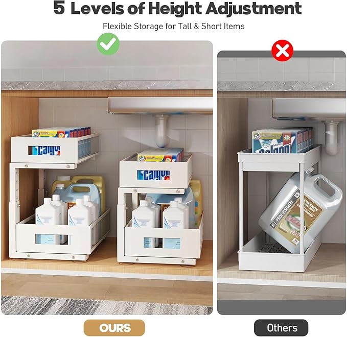 Under Sink Organizer, 2-Tier Dual Pull Out Cabinet Organizer Drawers With Smooth Circular Rail, Large Capacity Metal Mesh Sliding Shelves For Bathroom& Kitchen Storage,Height Adjustable–White,1 Pack