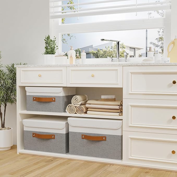 OUTBROS Foldable Storage Boxes, Large Linen Fabric, 15 x 9.8 x 9.8 inch, White/Grey, 3-Pack