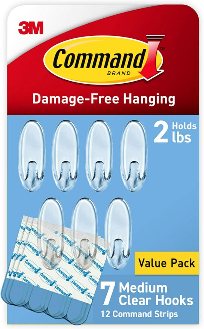 Command Medium Clear Wall Hook, 7 Wall Hook and 12 Strips, Damage-Free Hanging with Adhesive, Great for Hanging Home Decor, Holds up to 2 lb