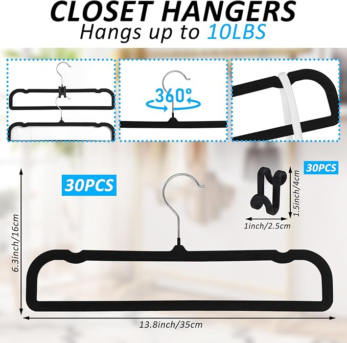 Pants Hangers Non Slip, 30 Pack Velvet Hanger for Closet with 30 Hooks, Strong Durable Space Saving Slim Pants Hanger, Ultra Thin & Space Saving Flocked Hangers for Pants/Shirts/Shorts/Bra (Black)
