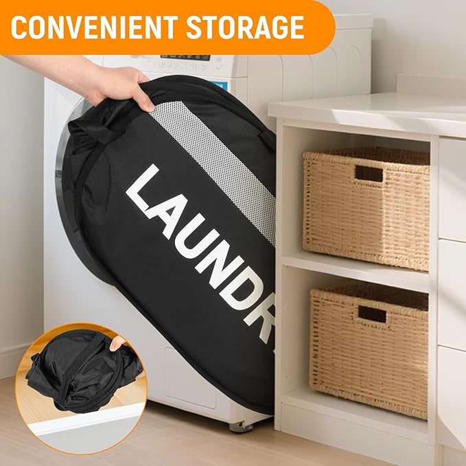 Collapsible Laundry Baskets, Tear-proof Dirty Clothes Hampers for Laundry, Foldable Laundry Basket with Dual Handles, Easy to Carry Pop Up Hamper for Bedroom, Bathroom, Dorm, Laundry Room Black