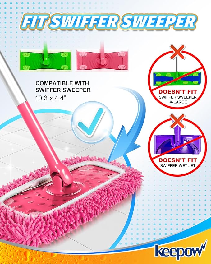 Keepow 8 Pack Reusable Mop Pads Compatible with Swiffer Sweeper, Chenille Mop Refill Pads, Dry & Wet Mopping Cloths for Floor Cleaning -Pink