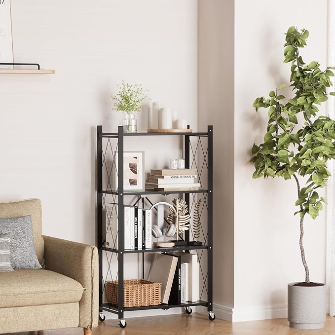 ALANNG 4 Tier Storage Shelves on Wheels, No Assembly Metal Folding Shelf Heavy Duty, Black | Colorful | Rolling | Collapsible | Rack Unit | for Living Room Office | 13.4" D x 28" W x 50" H