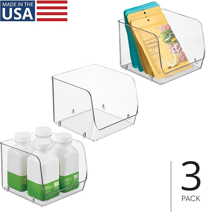 iDesign Stackable Open-Front Storage Bins for Kitchen and Pantry Organization - Set of 3 - Clear