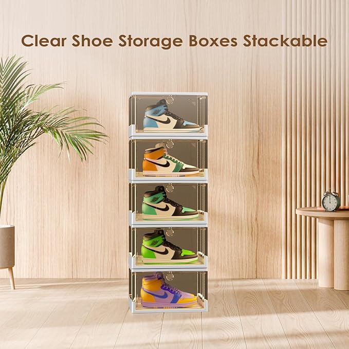 Thicken & Sturdy Clear Shoe Boxes with Magnetic Door, 3 Pack Stackable Multi-functional Shoe Storage, Shoe Organizer for Closet, Space Saving, 360 ° Dustproof & Moisture-proof, Fits Up to US Size 13