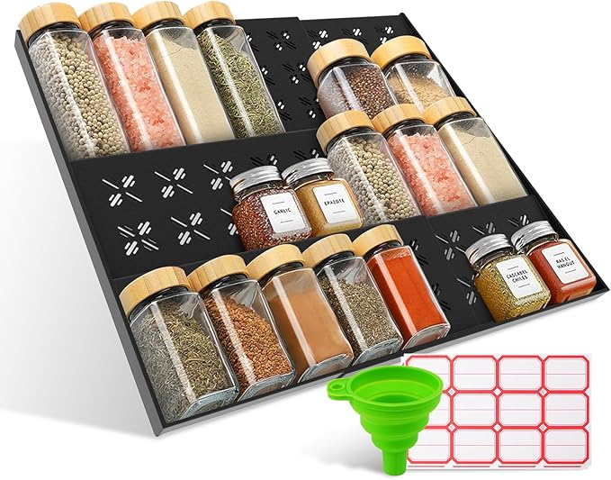 2-Pack Expandable Spice Drawer Organizer (11"-22"), 3-Tier Angled Seasoning Rack for Kitchen, Sturdy Vented Insert with Labels & Funnel, Fits Standard & Biger Spice Jars (Jars Not Included)