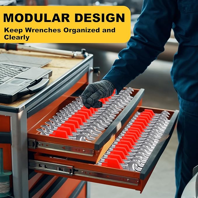 Chunful 100 pcs Modular Wrench Organizer Holder Wrench Tool Organizers Storage Racks Set with Metric & SAE Label for Tool Box Drawer Storage for Father Brother Professional Mechanics Men(Red)