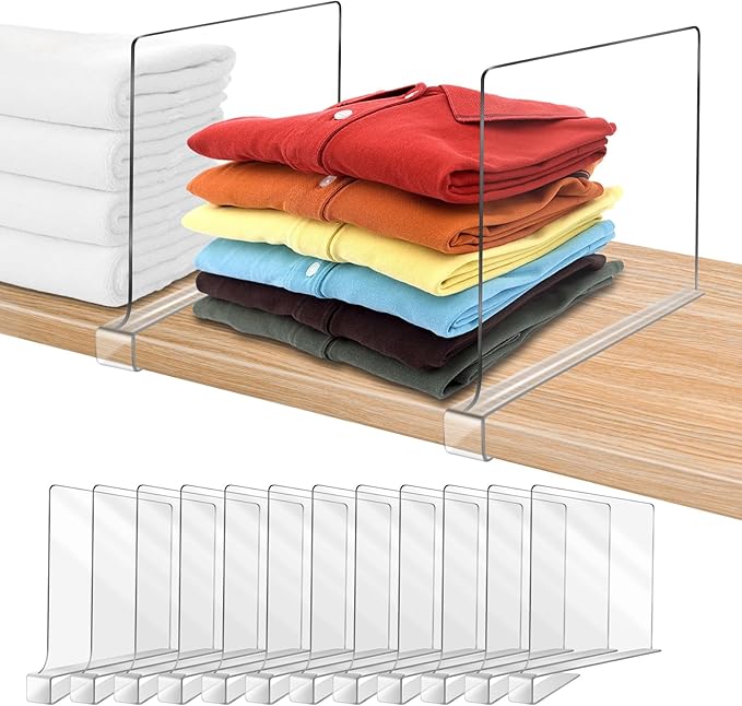 Acrylic Shelf Dividers, Clear Shelf Divider for Closet Organization 12PCS Closet Shelf Divider Closet Dividers for Shelves Shelf Organizer for Closet Shelf Organizer for Wood Closet Cabinets Separator