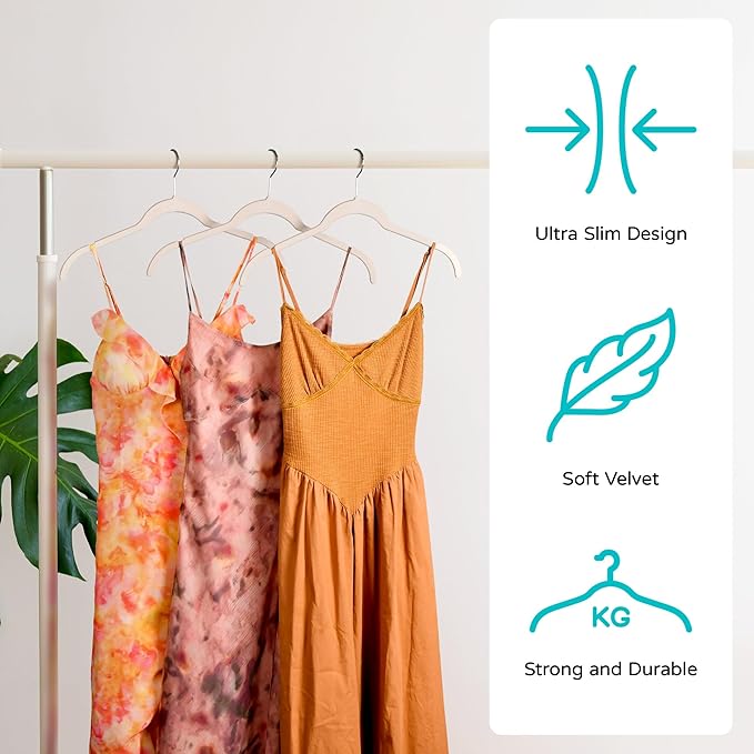 Sishynio Premium Velvet Shirt Hangers 50 Pack, Non-Slip 360° Swivel Hook Slim Flocked Coat Hanger, Space Saving Felt Hanger for for Tank Top, Blouses, Strappy Dresses(Beige)
