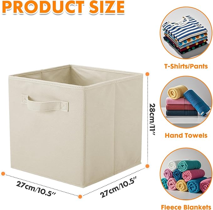 PowerKing Collapsible Storage Cubes with Handles, Fabric Foldable Bins for Closet Shelves, Durable Organization Storage Bins, 10.5'' x 11'' x 10.5'', 2 Pack, Cream