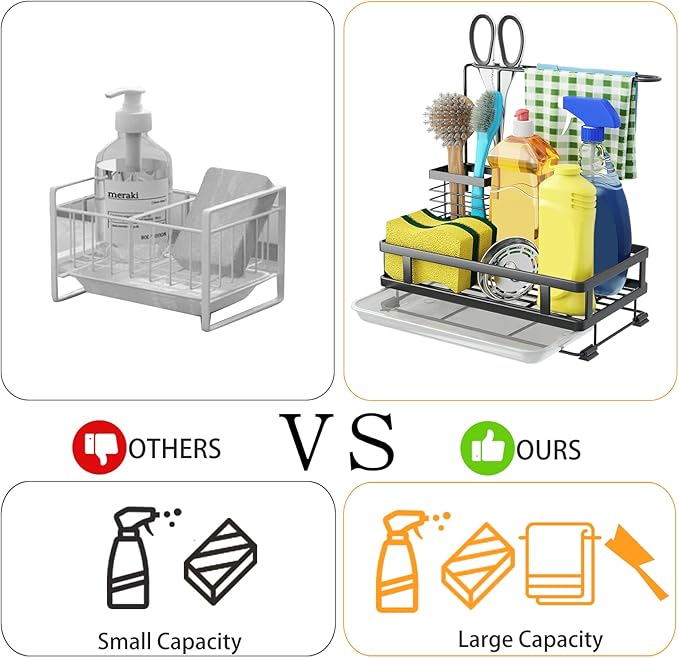 Godboat Dish Soap Dispenser, Kitchen Sink Organizer with Brush Rack, 304 Stainless Steel, Sponge Holder for Kitchen Sink, Sink Caddy with Drain-Pan, Cool Kitchen Gadgets & Gifts for Women, Christmas
