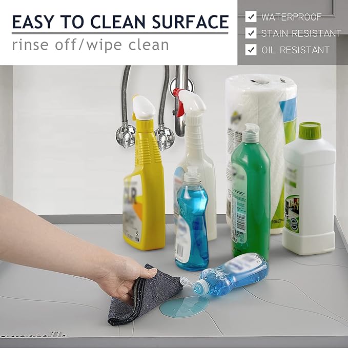 Heavy Duty Silicone Under Sink Mats for Kitchen Waterproof 31" x 22", Extra Thick Under Sink Rubber Mat Drip Tray, Raised Edge Under Sink Liner,Prevent Drips, Leaks, Spills,Grey