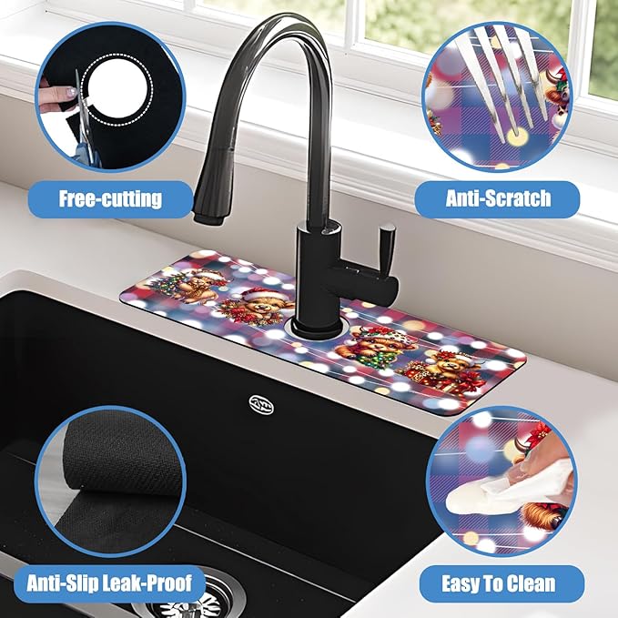Chrismas Sink Splash Guard Faucet Mat Cute Christmas Absorbent Fast Drying Mat Sink Gadgets Splash Guard Behind Faucet Drip Catcher for Kitchen Bathroom 15.5"X5.5"