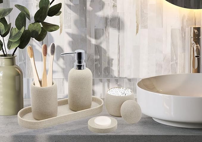 Beige Resin Bathroom Accessory Set, 5 Pcs Bathroom Accessories Set with Lotion Dispenser,Soap Dish,Toothbrush Holder,Vanity Tray,Qtip Holder Dispenser, Modern Bathroom Decor and Housewarming Gift Set