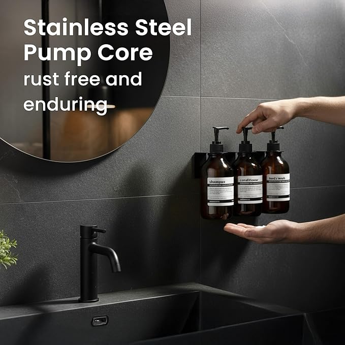 MaisoNovo Shampoo and Conditioner Dispenser - Shower Soap Dispenser Wall Mounted - 16.9 fl oz Set of 3 Amber Plastic Bottles Black Pump - 3 Chamber No Drill