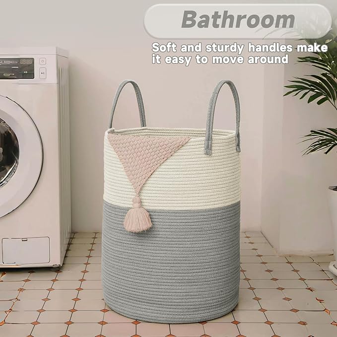 Large Woven Laundry Basket Hamper,100L Cotton Rope Storage Bin for Blankets,Toys and Clothes,Decorative Tall Nursery Hamper for Living Room,Baby Nursery,Bathroom and Bedroom,White and Grey