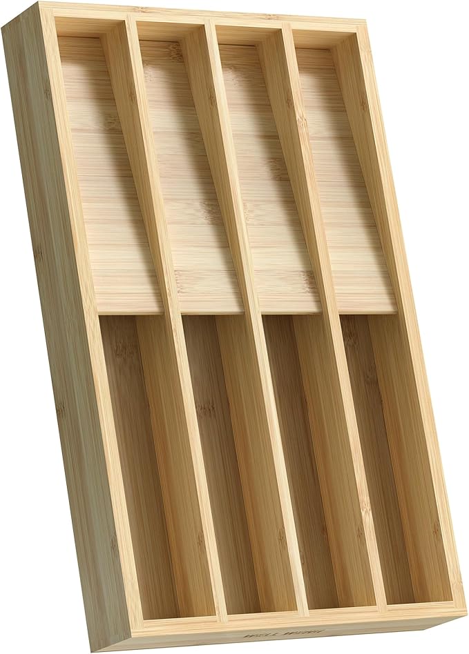 Silverware Organizer, Utensil Drawer Organizer & Cutlery Tray Dividers for Spoons Forks Knives (8 Slot,Natural Bamboo), 16”Dx10”Wx1.7”H