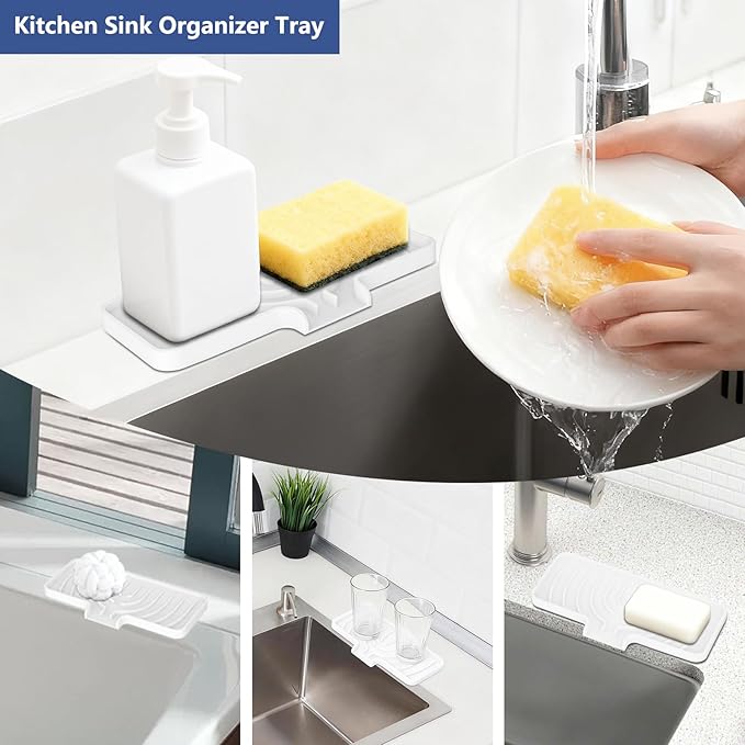 Silicone Sponge Holder for Kitchen Sink With Drain Spout, Self Draining, Kitchen Soap Tray, Bathroom Organizer, Sink Caddy, Perfect for Dispenser, Scrubber, Bottle, Cup on Counter (White, 10×4)