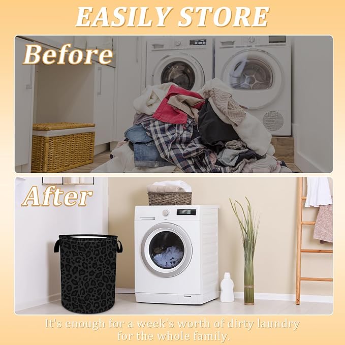 Laundry Hamper, Grey and Black Leopard Print Laundry Basket, Oxford Waterproof Foldable Clothes Storage Bin, Toy Organizer Basket for Bathroom/Household/College Dorms 15.7"x19.6"