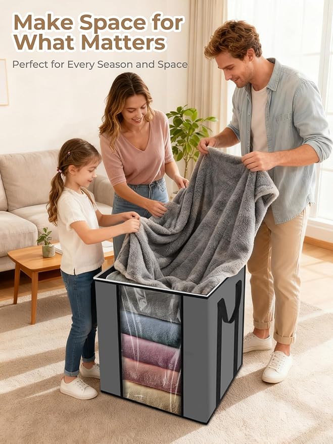 boailydi 120L Extra Large Blanket & Clothes Storage Bags for Bedding & Comforters & Pillow–Foldable Thick Waterproof Fabric with Clear Window,Dual Zippers & Sturdy Handles,3 Pack Seasonal Organization