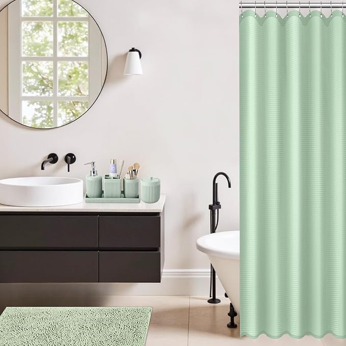 Light Green Bathroom Sets with Shower Curtain and Rugs, 8-Piece Resin Bathroom Accessories Sets Complete, Soap Dispenser, Toothbrush Holder, Tumbler, Tray & Apothecary Jars Bathroom Essentials