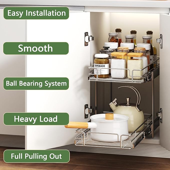 MODCART 2 Tier Individual Pull Out Cabinet Organizer 11½" W x 21½" D, Heavy Duty Cabinet Pull Out Shelves, Slide Out Drawers Organization for Kitchen Cabinets Bathroom
