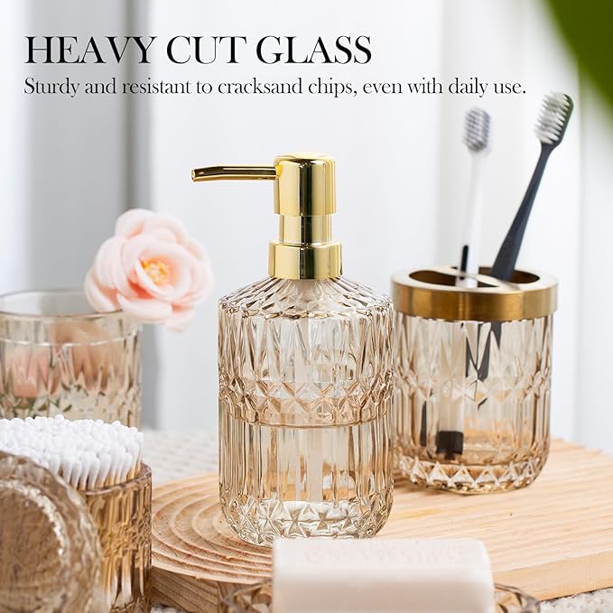 Bathroom Accessory Set 5 Pcs, Glass Bathroom Set Include Soap Dish, Toothbrush Holder, Mousewash Cup, Soap Dispenser, Cotton Swab Jar, Amber