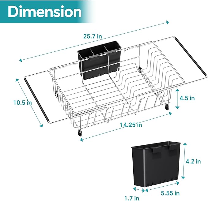Simple Trending Expandable Dish Drying Rack in Sink, Adjustable Dish Drainers for Small Kitchen, Counter Inside Sink, Over The Sink with Utensil Holder