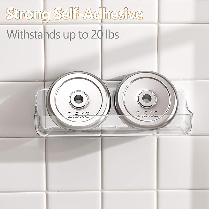 UDD Acrylic Clear Shower Caddy Adhesive Shelf, 2pc Plastic Shower Organizer with Self Adhesive Tape, No Drilling Wall Mount Shower Shelves for Bathroom Kitchen, Transparent