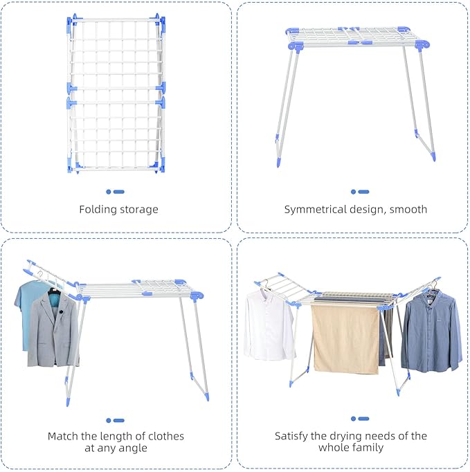 YUBELLES Clothes Drying Rack, Gullwing Laundry Rack, Collapsible, Space-Saving Laundry Rack, with Bonus Sock Clips, for Clothes, Towels, Linens, Indoor/Outdoor, Blue