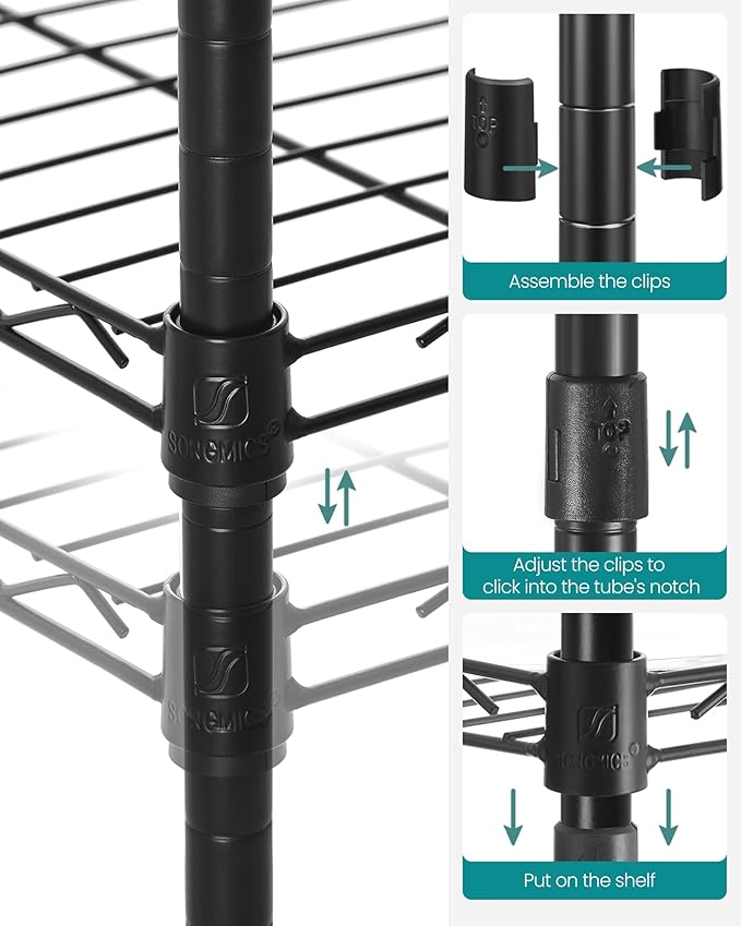 SONGMICS 5-Tier Bathroom Shelf, Storage Rack for Small Space, with 5 PP Shelf Liners, Removable Hook, Extendable Design, Ink Black and Translucent ULGR23BK