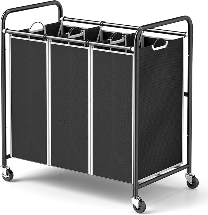 ROMOON Laundry Sorter Hamper 3 Section, Divided Laundry Basket Organizer with Heavy Duty Lockable Wheels and Removable Bags, Rolling Clothes Hamper for Apartment, Dorm & Family (130L Modern Black)