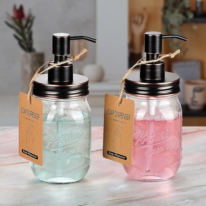 Amolliar Mason Jar Liquid Soap Dispenser, Rustproof Stainless Steel Replacement Pump Lid, Cute Farmhouse Decor for Kitchen, Bathroom, Refillable Hand Soap, Dish Soap, Lotion Soap, Rubbed Bronze-2 Pack